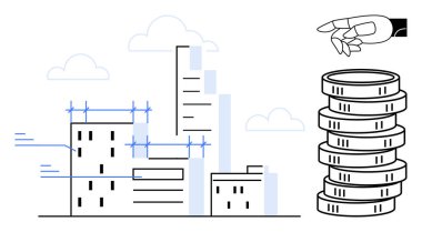 Robot kol, bulutlarla çevrili inşaat halindeki binaların yanına madeni paralar yerleştiriyor. Otomasyon, yatırım, emlak, teknoloji yeniliği, şehir planlaması, fintech, daire