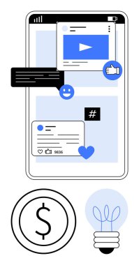 Akıllı telefon görüntüleme videosu, başparmaklar yukarı, yorumlar ve dolar ve ampul simgeleri içeren üstveri paneli. Sosyal medya, katılım, iş stratejisi, yaratıcılık, dijital pazarlama için ideal