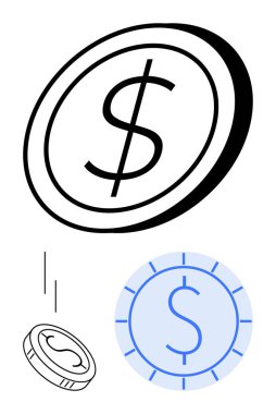 Düşen para ve gelecekten gelen tasarım da dahil olmak üzere çeşitli şekillerde dolar sikkeleri. Para, ekonomi, yatırım, bankacılık, zenginlik, dijital para birimi için ideal. Düz basit metafor