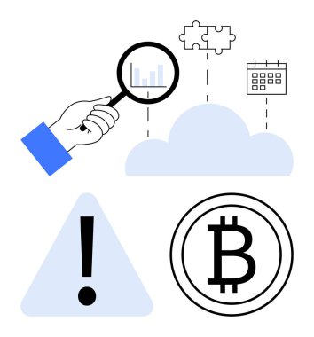 El ele tutuşup büyüteç analiz grafiği, bulmaca parçaları, takvim, bulut, alarm üçgeni, bitcoin. Teknoloji, veri analizi, kripto para birimi bulut hesaplama risk yönetimi görevi için ideal
