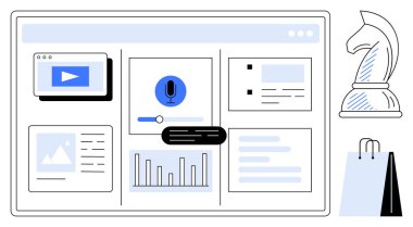 İçinde video oynatıcı, mikrofon araması, çizelgeler, metin blokları, şövalye satranç taşı ve alışveriş çantası olan etkileşimli gösterge paneli. Veri, araştırma, pazarlama e-ticaret stratejisi planlaması için ideal