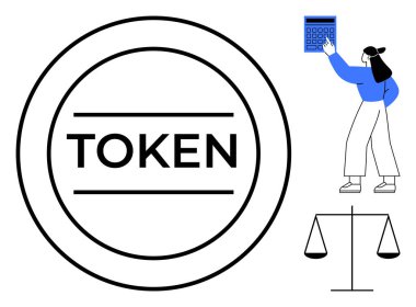 Çemberin içindeki sembol, hesap makinesi tutan kadın, dengeyi temsil eden ölçek simgesi. Finans, kripto para birimi, engelleme zinciri, yatırım, sermaye teknolojisi ve ekonomi için ideal. Düz basit metafor
