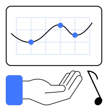 Büyüme çizgisi ve veri noktaları ile el, gelişimi, dengeyi ve rehberliği sembolize eder. İş, finans, girişim, destek, analitik strateji ekip çalışması için ideal. Düz basit