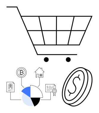 Mali unsurların yanında alışveriş arabası, kripto para, emlak şeması, turta grafiği, bir dolar. E-ticaret, yatırım, bütçe, zenginlik, finans işlemleri ekonomisi için ideal