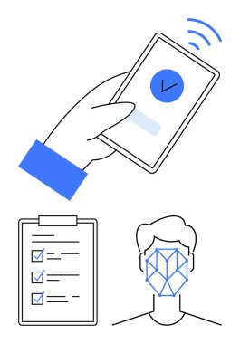 Doğrulama işaretli akıllı telefon kullanma, panoda kontrol listesi, yüz tanıma arayüzü. Siber güvenlik, veri gizliliği, dijital kimlik, biyometri, fintech, iş akışı doğrulaması için ideal modern