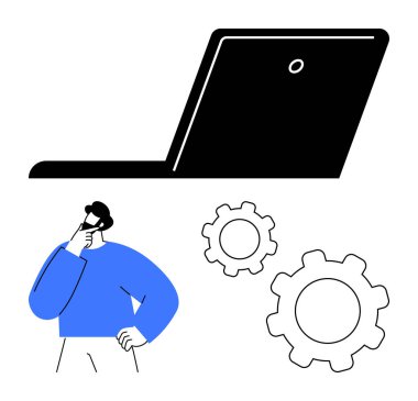 Mavi kazaklı adam düşünüyor, laptop yukarıda ve vitesler aşağıda teknolojiyi sembolize ediyor, beyin fırtınası, otomasyon, sistemler, verimlilik, çözümler, iş akışı. Teknolojik yenilik stratejisi için ideal