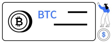 Metnin yanında Bitcoin sembolü, minimum işlem çizgileri, finansal unsurlarda el kol hareketi. Kripto para birimi, engelleme zinciri, fintech, dijital cüzdan, yatırım ödeme tasarruf teması için ideal. Düz