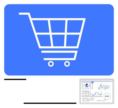 Büyük alışveriş arabası, performans verilerini gösteren analitik ekranla eşleştirilmiş çevrimiçi perakendeciyi temsil ediyor. Pazarlama, çevrimiçi alışveriş, veri analizi, satış eğilimleri, e-ticaret, iş büyümesi için ideal