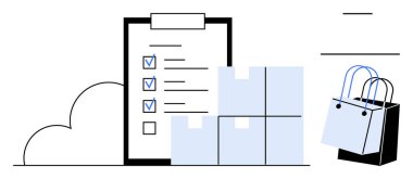 Sevkiyat kutuları ve alışveriş çantalarının yanında kontrol listeleri olan panolar. Lojistik, envanter, sipariş yerine getirme, e-ticaret, perakende, tedarik zinciri ve depo yönetimi için ideal. Temiz