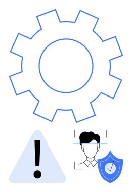 Sistem operasyonlarını temsil eden teçhizat, uyarı üçgeni, güvenlik öneren kalkan ile yüz tanıma ikonu. Siber güvenlik, teknoloji, güvenlik, uyarı sistemleri ve kimlik için ideal