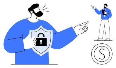 Kilitli bir kalkan tutan, güvenliği sembolize eden, finansal bilgileri sunan bir adam. Finans, koruma, iş, strateji, eğitim, iletişim dairesi için ideal