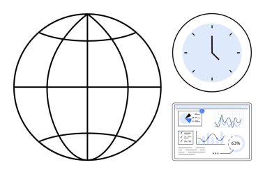 Küresel ızgara, saat ve analiz panelinin yanında çizelgeler ve istatistikler var. Küresel iş için ideal, zaman izleme, analitik, planlama, bağlantı, verimlilik, düz basit metafor