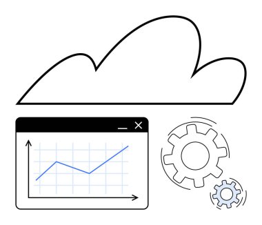 Veri grafiğinin üzerinde bulut çizgisi yukarı doğru bir pencere eğilimi, dönen dişlilerle eşleştirilmiş. Teknoloji, veri analizi, bulut hizmetleri, yenilik, otomasyon, iş akışı için ideal, düz basit metafor