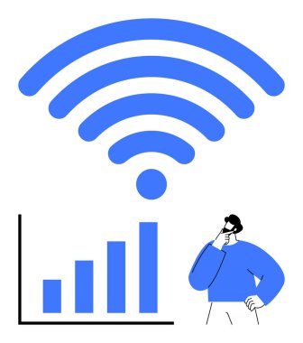 Kablosuz sinyal gücünü gözlemleyen ve büyüme grafiğini analiz eden adam. İnternet bağlantısı, veri analizi, teknoloji, iletişim, sinyal gücü, büyüme ve yenilik için ideal. Düz basit metafor