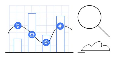 Mevsimleri belirleyen hava durumu simgelerinin yer aldığı bar tablosu trend çizgisi, şebeke arka planı, büyüteç ve bulutlar. İstatistik, hava durumu analizi, tahmin, veri eğilimleri, araştırma eğitimi için ideal