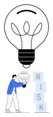 Yığılmış blokların üzerinde dengelenmiş fikirleri sembolize eden ampul RISK yazılıyor. Mavi ceketli adam konsepti manevra yapıyor. Yenilik için ideal, risk yönetimi, sorun çözme, yaratıcılık, strateji