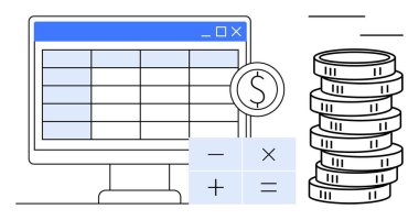 Bilgisayar ekranında bir hesap tablosu, basit matematik sembollü hesap makinesi ve istiflenmiş paralar var. Finans, bütçe, muhasebe, veri analizi, hesaplama, yatırımlar için ideal basit bir metafor