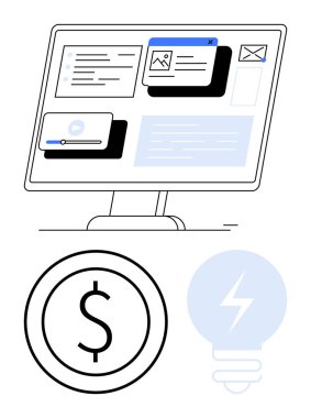 Bilgisayar monitörü işaretli para ve ampul sembollü sekmeleri, e-postaları ve medyayı gösteriyor. Üretkenlik, yenilik, finans, yaratıcılık, dijital iş, strateji dairesi için ideal