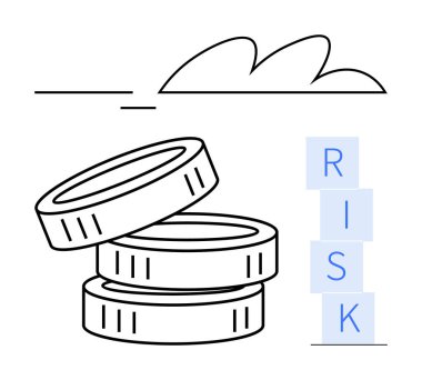 RİSK harflerinin yanına istiflenmiş bozuk paralar soyut çizgiler ve bulut şeklinde yazılıyor. Finans, yatırım, karar verme, belirsizlik, zorluklar, risk, soyut