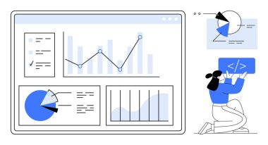 Çizgi, çubuk, pasta grafikleri, veri noktaları ve bir ekranı kodlayan geliştirici içeren analitik gösterge paneli. Veri bilimi, analitik, kodlama, teknoloji problemi çözme takım çalışması ve yenilik düzlüğü için ideal