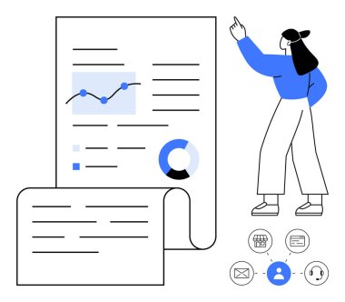E- posta, kullanıcı, alışveriş, destek için grafikler, pasta grafiği ve simgeler içeren analitik rapor. Sıradan giyinmiş bir kadın işaret ediyor. Analiz için ideal, veri stratejisi araştırma ekibi çalışması için basit
