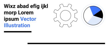 Parçalı pasta grafiği ve yer tutucu metne sahip dişli simgesi, analitiği vurguluyor, işlem optimizasyonu, planlama, mekanik, strateji ve sunumları ele alıyor. Basit bir iniş sayfası için ideal
