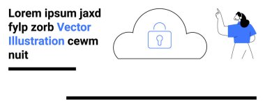 Kadın, asma kilit resimli güvenli bir bulutu işaret ediyor. Siber güvenlik, veri depolama, teknoloji, bilişim hizmetleri, bulut hesaplama, kullanıcı rehberliği, basit iniş sayfası için ideal