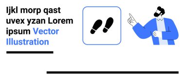 Mavi bir kare içinde adım ikonuna doğru hareket eden bir adam. Yer tutucu metin siyah ve mavi, asgari düzen, boş satırlar. Tasarım kavramları, talimatlar, dersler, navigasyon rehberleri için ideal