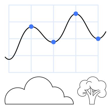 Şebeke, bulut ve ağaç şekillerinde mavi veri noktaları olan grafikler. Sürdürülebilirlik, veri eğilimleri, çevresel etki, büyüme, araştırma görselleri, iklim çalışmaları ve ekolojik analitikler için ideal. Düz basit