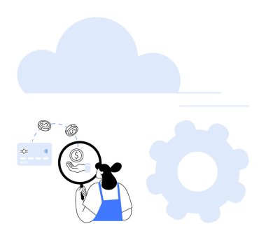 İş kadını, bulut ve ödeme yöntemleriyle bağlantılı finansal verileri büyüteç altında inceliyor. Finansal analiz, teknoloji, dijital işlemler, otomasyon, bulut hesaplama, veri için ideal