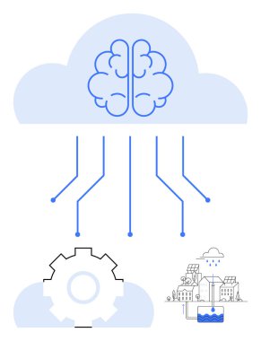 Buluttaki beyin bir vitese ve şehir manzarasına bağlı. Yapay zeka, makine öğrenme, bulut hesaplama, akıllı şehirler, yenilenebilir enerji, loto, otomasyon için idealdir. Basit düz metafor
