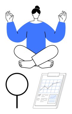 Meditasyon yapan bir kadın farkındalığı sembolize ediyor. İçinde büyüteç ve çizelgeli pano da var. Odaklanma, iş-yaşam dengesi, sağlık, üretkenlik, analiz, farkındalık, basitlik için ideal
