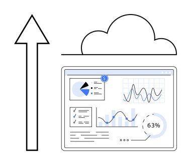 Buluta doğru hareket eden pasta grafiği, çizgi grafiği ve veri parçacıkları olan istatistiksel gösterge paneli. Veri analizi, bulut hesaplama, iş yönetimi, teknoloji eğilimleri, performans izleme için ideal