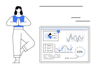 Kadın dijital arayüzün yanında yoga yapıyor grafikler, pasta grafikleri ve ilerleme ölçümleri var. Refah, verimlilik, veri güdümlü içgörü, denge, odaklanma ve kişisel büyüme için ideal