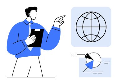 Bir pano tutan, dünya ikonunu ve ilişkili veri tablolarını gösteren tişörtlü bir kişi. İş, sunum, küresel strateji, analitik, takım çalışması, eğitim raporu için ideal. Düz basit