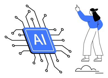 Çevresi devre hatlarıyla çevrili yapay zeka mikroçipi, yeniliği işaret eden kadın. Teknoloji için ideal, yapay zeka, yenilik, eğitim, takım çalışması, strateji ilerlemesi. Düz basit metafor