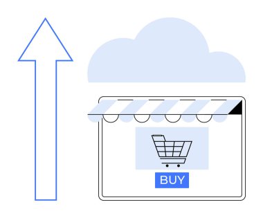 Mağaza vitrininin altındaki bir masaüstü ekranında alışveriş arabası simgesi, büyük yukarı doğru ok, mavi bulut. E-ticaret, çevrimiçi alışveriş, bulut hesaplama, dijital pazarlama, satış artışı, teknoloji için ideal