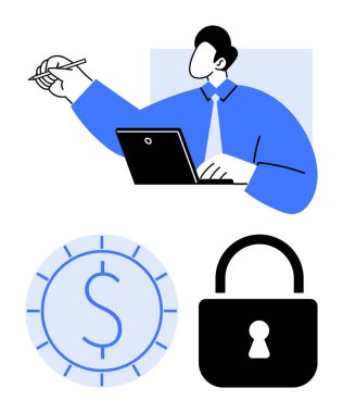 İşadamı elinde kalem, kilit sembolü güvenliği temsil eden dizüstü bilgisayarda çalışıyor ve finans için dolar işaretli para. İş, güvenlik, üretkenlik, yönetim, yatırım, planlama için ideal