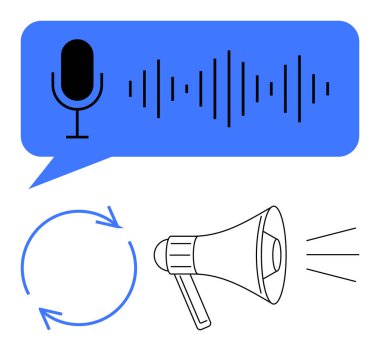 Ses dalgalı mikrofon, ses yayan megafon, tekrarlanan dairesel oklar. İletişim, podcast, medya, duyurular, pazarlama dijital ses için ideal. Düz basit