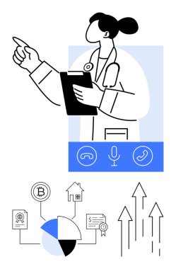 Kadın doktor pano tutuyor, iletişim kuruyor, finans, kripto para birimi, yatırım ve büyüme simgeleriyle birlikte. Sağlık, telekonksiyon, ekonomi teknolojisi finansmanı için ideal