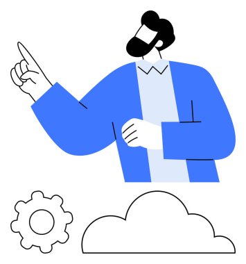 Elleri havada profesyonel jestler. Vites ve bulut fikirleri, yenilikleri ya da teknolojiyi temsil eder. İş, teknoloji, yenilik, takım çalışması üretkenlik vizyonu bulut hesaplaması için idealdir. Asgari