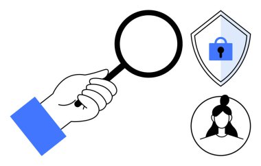 Elle tutulan büyüteç, kilitli kalkan, kadın avatar. Veri analizi, güvenlik, gizlilik, kimlik doğrulama, İnternet güvenliği, kişisel bilgi yönetimi siber güvenliği için ideal