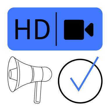 Mavi dikdörtgenli HD video simgesi, siyah megafon ve işaretlenmiş. Medya kalitesi, iletişim, reklam, markalaşma, onay, dijital pazarlama dairesi için ideal
