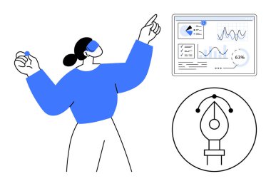 Analiz panelinde grafikler, çizelgeler ve arayüz elemanlarıyla el kol hareketi yapan kişi. Yakındaki grafiksel kalem aracı simgesi. Takım çalışması, analitik, yaratıcılık, beyin fırtınası, işbirliği stratejisi için ideal