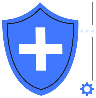 Beyaz haçlı mavi kalkan sağlık, güvenlik ve korunmayı gösteriyor. Küçük teçhizat sistem yönetimi anlamına gelir. Noktalı çizgi bağlantı yaratır. Sağlık, güvenlik, veri, sigorta uygulaması UI için ideal