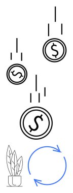 Dolar sembollü sikkeler düşüyor, oklar bir döngü oluşturuyor, saksı bitkisi. Finans, tasarruf, sürdürülebilirlik, yatırım, ekonomi çevresel büyüme sektörü için idealdir. Düz basit metafor