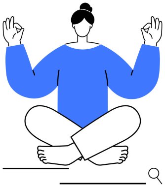 Meditasyon pozisyonu almış bağdaş kurmuş, elleri Zen Mudra 'da, mavi bir kazak giyiyor. Sağlık, farkındalık, sakinlik, kendine dikkat, iç huzur rahatlığı dengesi için idealdir. Düz basit