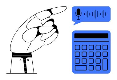 Ses giriş sinyalini işaret eden eller, düğmeler ve simgelerle hesap makinesi arayüzü. Teknoloji, yenilik, ses tanıma, otomasyon, kullanıcı arayüzü, finans, üretkenlik düzlemi için ideal