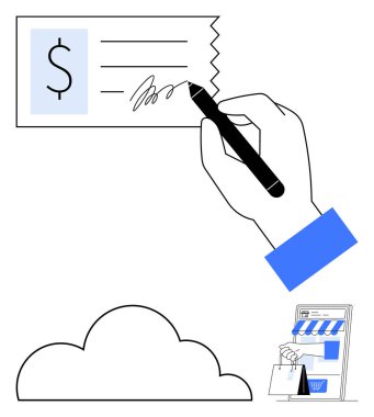 Finansal bir belge imzalamak, bulut elementi, alışveriş torbalarıyla dijital mağaza önü. Finans, ekommerce, dijital ödemeler, online alışveriş, bulut depolama fintech modern bankacılık için idealdir. Düz