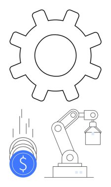 Vites, robotik kol kaldırma kutusu ve düşen paralar. Teknoloji, otomasyon, endüstriyel süreçler, finans, yatırım yeniliği ve makine mühendisliği temaları için ideal. Satır metaforu
